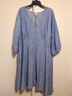 Ava & Viv Blue and White Print Button-Front Dress Size 2X